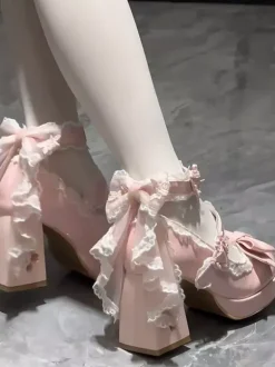 Sweet Lolita Shoes White Back Lace Bows PU Leather Chunky Heel Lolita Pumps