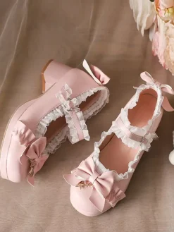 Sweet Lolita Shoes White Bows Round Toe PU Leather Lolita Pumps