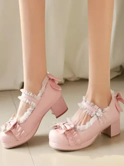 Sweet Lolita Shoes White Bows Round Toe PU Leather Lolita Pumps