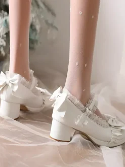 Sweet Lolita Shoes White Bows Round Toe PU Leather Lolita Pumps