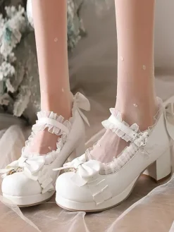 Sweet Lolita Shoes White Bows Round Toe PU Leather Lolita Pumps