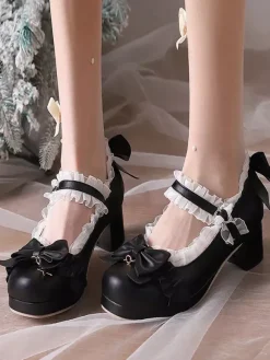 Sweet Lolita Shoes White Bows Round Toe PU Leather Lolita Pumps