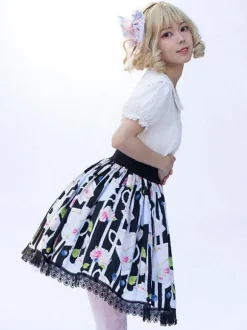 Sweet Lolita SK Angel Beats Floral Print Black Ruffles Lolita Skirts