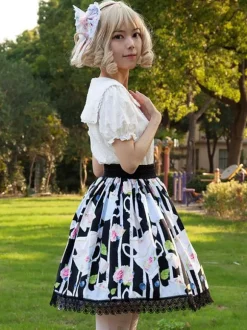 Sweet Lolita SK Angel Beats Floral Print Black Ruffles Lolita Skirts