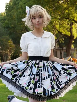 Sweet Lolita SK Angel Beats Floral Print Black Ruffles Lolita Skirts