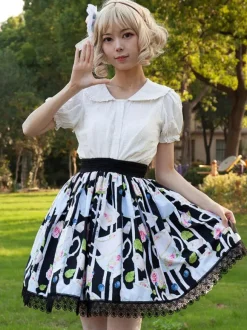 Sweet Lolita SK Angel Beats Floral Print Black Ruffles Lolita Skirts