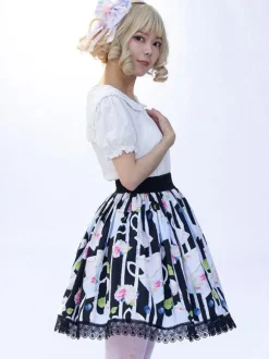 Sweet Lolita SK Angel Beats Floral Print Black Ruffles Lolita Skirts