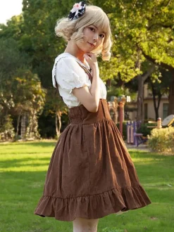 Sweet Lolita SK Angel Beats Ruffles Camel Floral Print Lolita Skirts