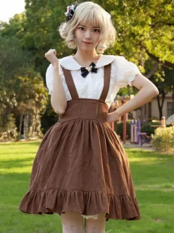 Sweet Lolita SK Angel Beats Ruffles Camel Floral Print Lolita Skirts