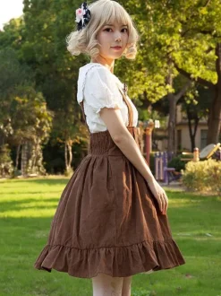 Sweet Lolita SK Angel Beats Ruffles Camel Floral Print Lolita Skirts