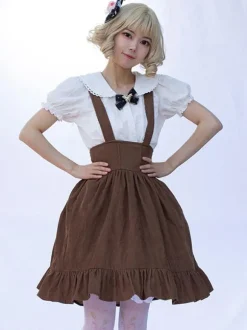 Sweet Lolita SK Angel Beats Ruffles Camel Floral Print Lolita Skirts