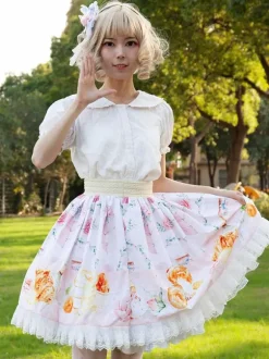 Sweet Lolita SK Angel Beats Ruffles Light Pink Floral Print Lolita Skirts