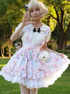 Sweet Lolita SK Floral Print Soft Pink Ruffles Lolita Skirts