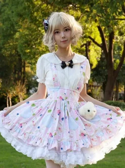 Sweet Lolita SK Floral Print Soft Pink Ruffles Lolita Skirts