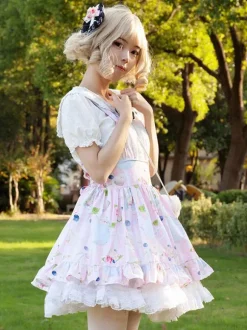 Sweet Lolita SK Floral Print Soft Pink Ruffles Lolita Skirts