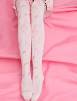 Sweet Lolita Socks Pinks Music Note Printed Lolita Stocking