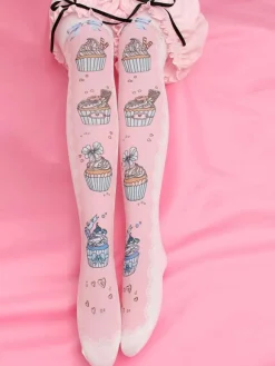 Sweet Lolita Stocking Velvet Printed Pink Lolita Socks
