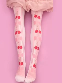 Sweet Lolita Stockings Pink Velvet Cherry Printed Lolita Knee High Socks