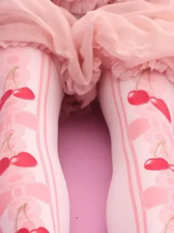 Sweet Lolita Stockings Pink Velvet Cherry Printed Lolita Knee High Socks