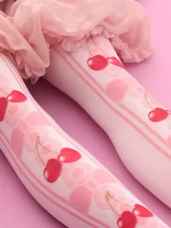 Sweet Lolita Stockings Pink Velvet Cherry Printed Lolita Knee High Socks