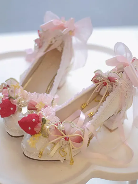 Sweet Lolita Strawberry Footwear Ecru White Ruffles Chains Bows Chunky Heel Lolita Pumps