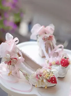 Sweet Lolita Strawberry Footwear Ecru White Ruffles Chains Bows Chunky Heel Lolita Pumps