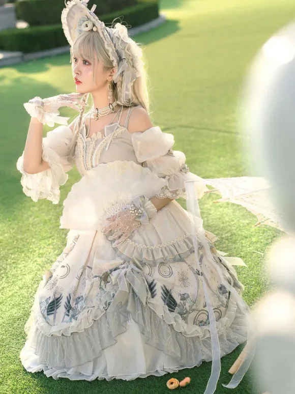 Sweet Lolita Wedding OP Dress Floral Print Light Gray Flowers Bows Lolita One Piece Dresses