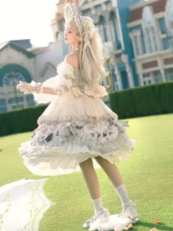 Sweet Lolita Wedding OP Dress Floral Print Light Gray Flowers Bows Lolita One Piece Dresses