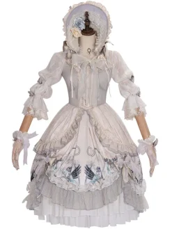 Sweet Lolita Wedding OP Dress Floral Print Light Gray Flowers Bows Lolita One Piece Dresses