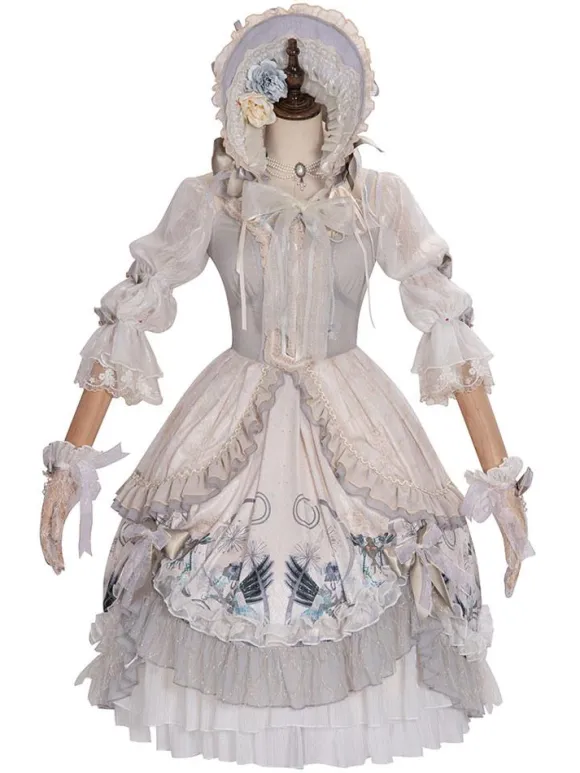 Sweet Lolita Wedding OP Dress Floral Print Light Gray Flowers Bows Lolita One Piece Dresses
