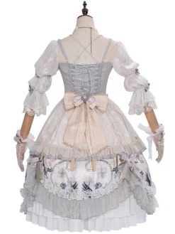 Sweet Lolita Wedding OP Dress Floral Print Light Gray Flowers Bows Lolita One Piece Dresses