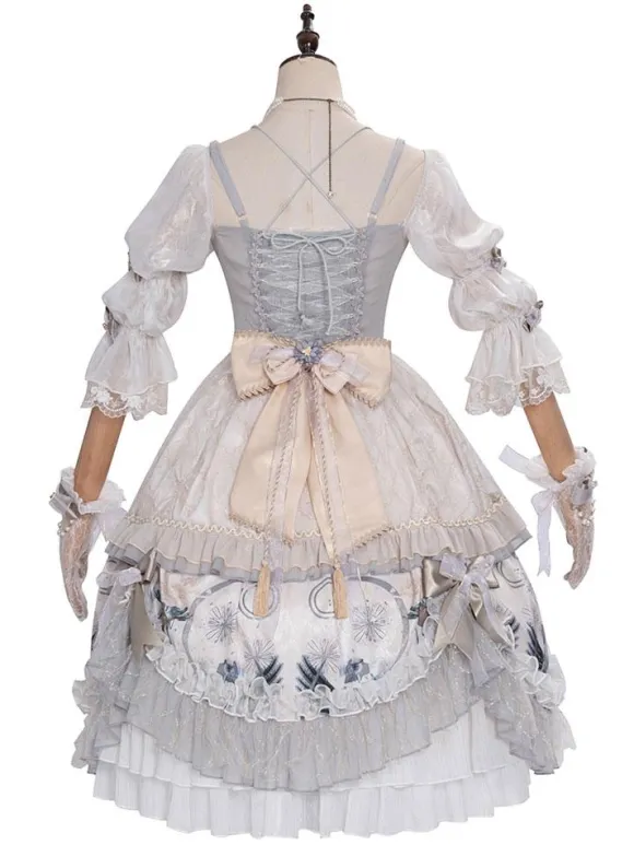 Sweet Lolita Wedding OP Dress Floral Print Light Gray Flowers Bows Lolita One Piece Dresses