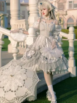 Sweet Lolita Wedding OP Dress Floral Print Light Gray Flowers Bows Lolita One Piece Dresses