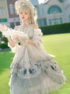 Sweet Lolita Wedding OP Dress Floral Print Light Gray Flowers Bows Lolita One Piece Dresses