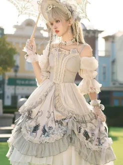Sweet Lolita Wedding OP Dress Floral Print Light Gray Flowers Bows Lolita One Piece Dresses