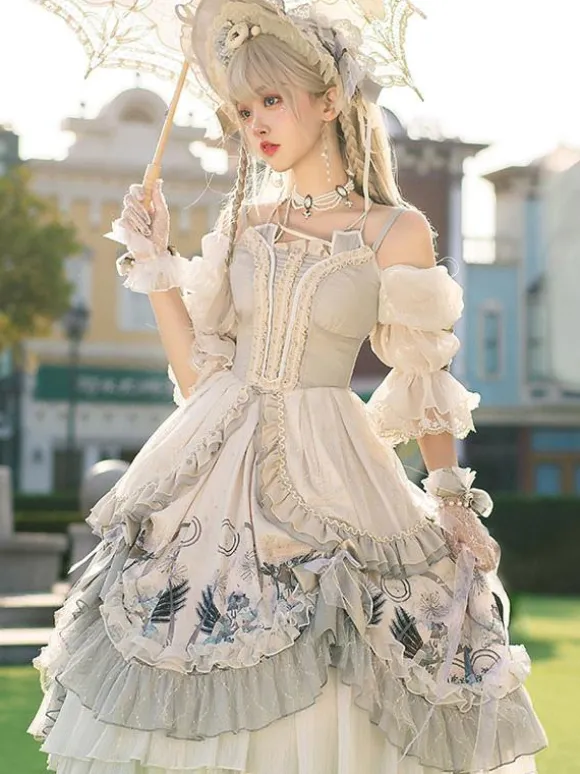 Sweet Lolita Wedding OP Dress Floral Print Light Gray Flowers Bows Lolita One Piece Dresses