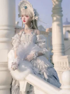 Sweet Lolita Wedding OP Dress Floral Print Light Gray Flowers Bows Lolita One Piece Dresses