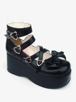 Sweet Matte Black Lolita High Platform Shoes Ankle Straps Heart Shape Buckles Bow