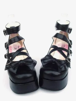 Sweet Matte Black Lolita High Platform Shoes Ankle Straps Heart Shape Buckles Bow