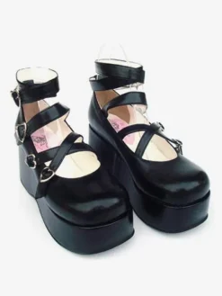 Sweet Matte Black Lolita High Platform Shoes Ankle Straps Heart Shape Buckles Bow