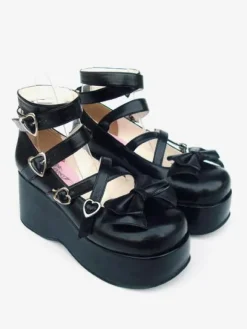 Sweet Matte Black Lolita High Platform Shoes Ankle Straps Heart Shape Buckles Bow