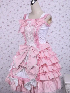 Sweet Pink Cotton Loltia Jumper Dress Bows Layers Ruffles