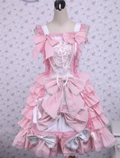 Sweet Pink Cotton Loltia Jumper Dress Bows Layers Ruffles