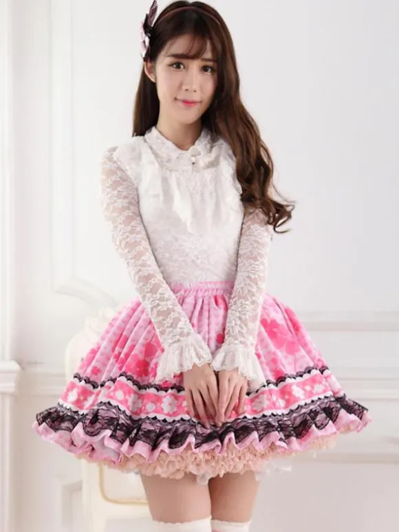 Sweet Pink Lolita Short Skirt Lining Lace Trim Clover Print
