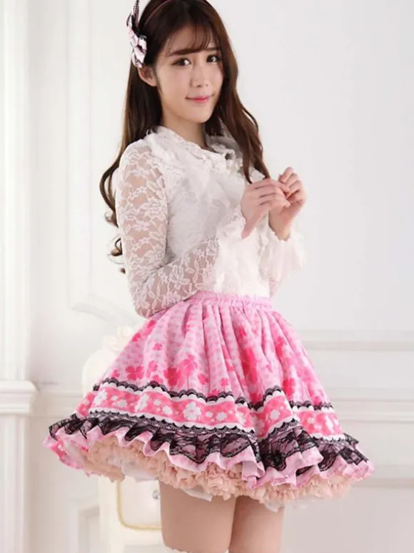 Sweet Pink Lolita Short Skirt Lining Lace Trim Clover Print