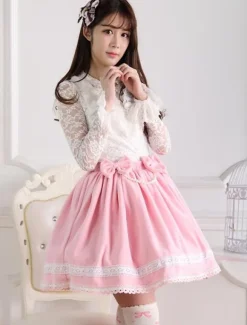 Sweet Pink Short Kawaii Lolita Skirt With White Trim Bow Pears Dress