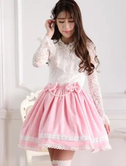 Sweet Pink Short Kawaii Lolita Skirt With White Trim Bow Pears Dress