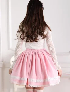Sweet Pink Short Kawaii Lolita Skirt With White Trim Bow Pears Dress