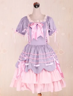 Sweet Purple Pink Lolita OP Dress Short Sleeves Layers Bows and Trim