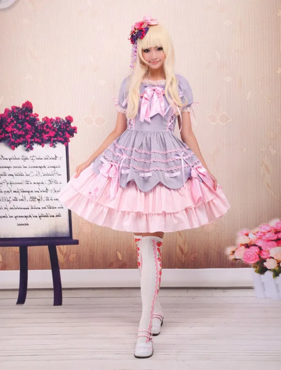 Sweet Purple Pink Lolita OP Dress Short Sleeves Layers Bows and Trim